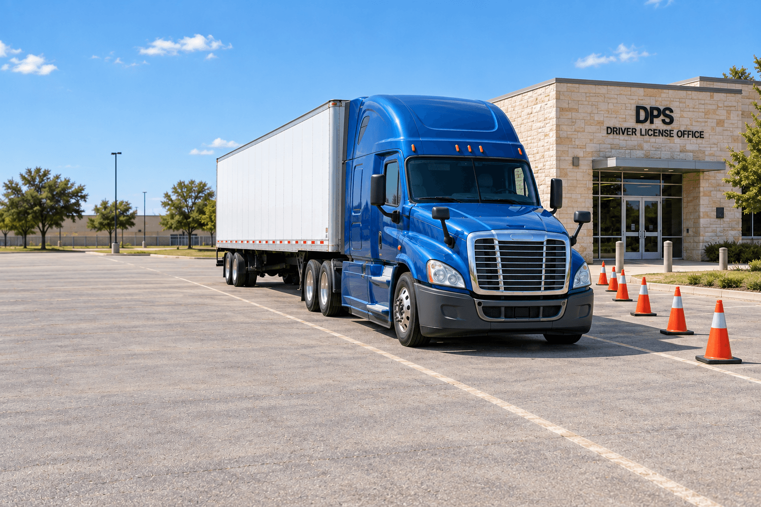 Blue semi-truck parked outside a DPS driver license office beside a row of orange safety cones